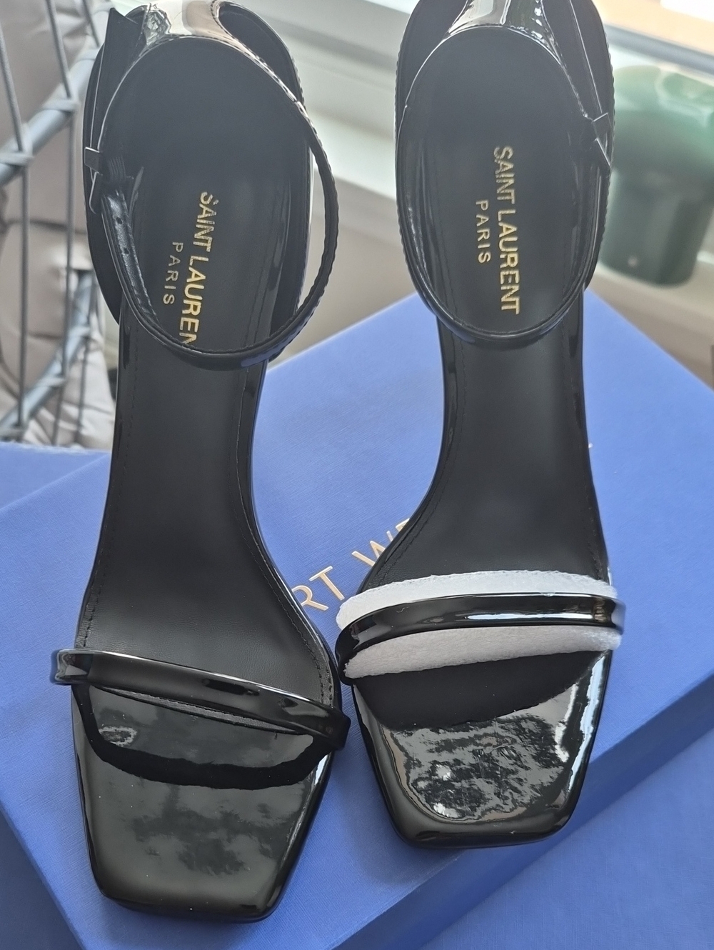 Saint Laurent Black Patent Square-Toe Ankle-Strap Heels Size 39